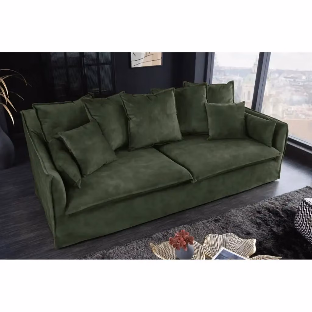 Divano 3 posti Meublorama KALIA destro in velluto verde scuro con cuscini decorativi e stile moderno per il tuo soggiorno – 2