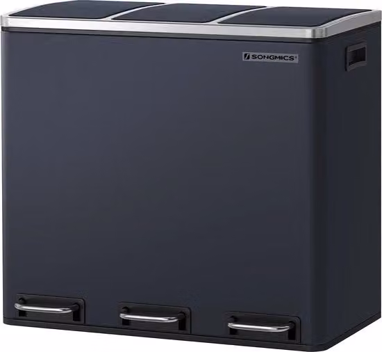 Contenitore per rifiuti - Contenitore per residui di cucina - Sistema di separazione dei rifiuti - 3 x 18L - Contenitore per rifiuti a pedana - Con 3 compartimenti - Grigio