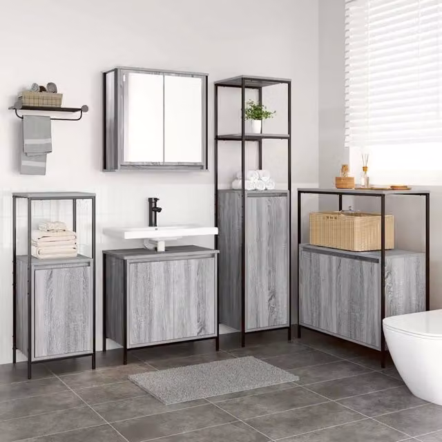 Set di mobili per il bagno 5 pz Grigio Sonoma e Nero 3328387