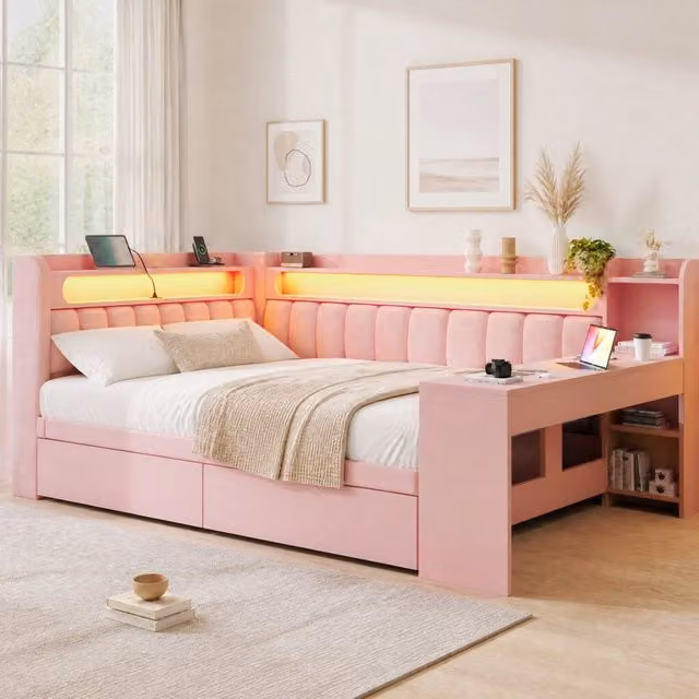 Letto da giorno imbottito ULEVR 140x200 cm con scrivania, LED a 7 colori, USB e 2 cassetti, rosa