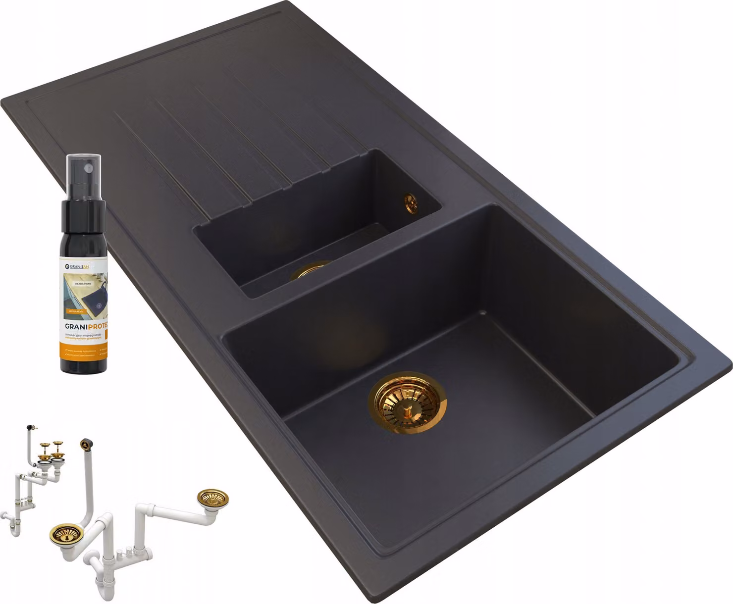 Granitan - Lavello in granito - Lavello da cucina - 1,5 vasche - 100x50 cm - Nero - con sifone dorato - SOLARIA