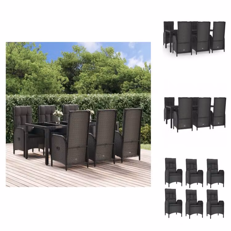 vidaXL set da pranzo da giardino 7 pezzi con cuscini in poly rattan nero e grigio - Set di mobili da giardino