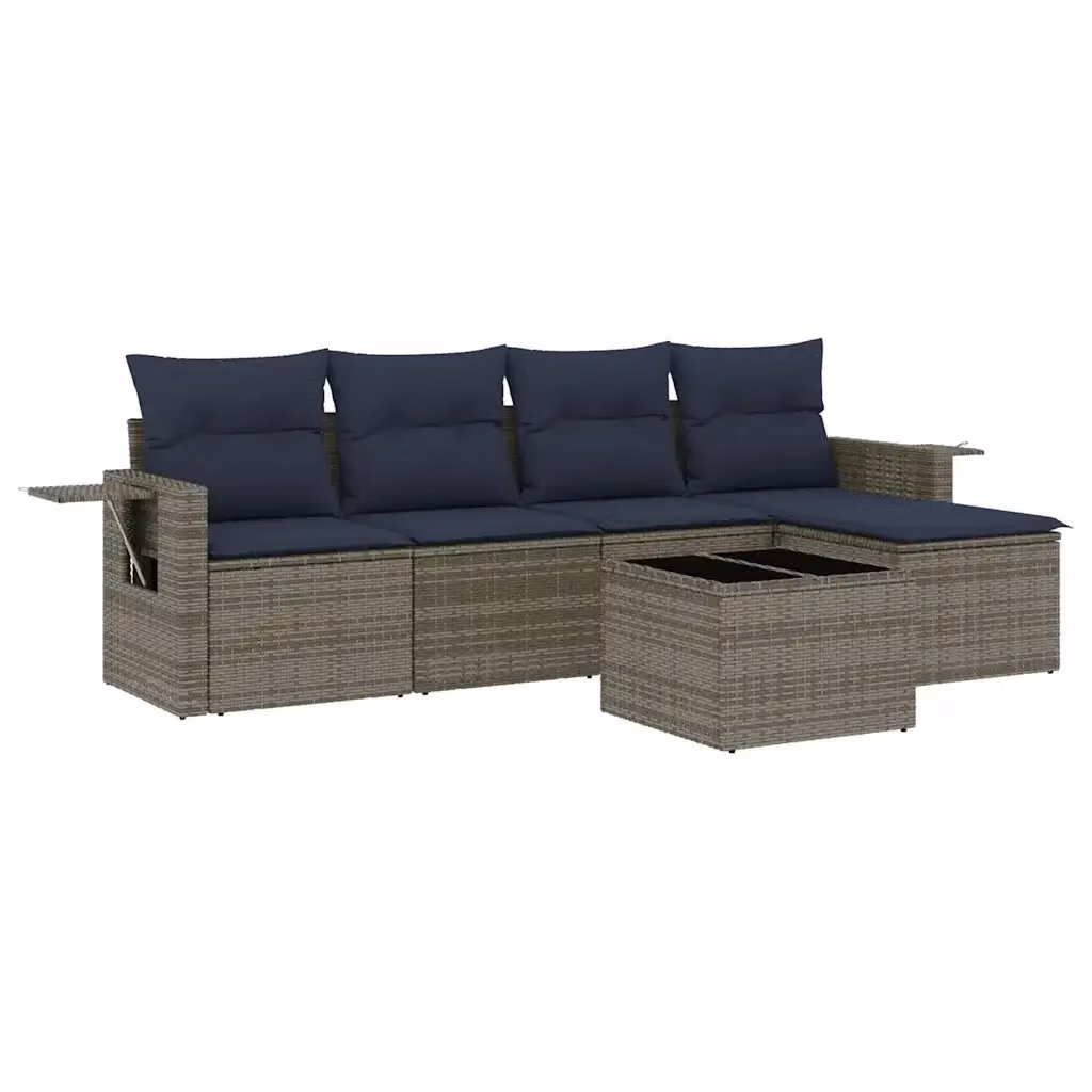 Set da giardino moderno vidaXL composto da 6 pezzi con cuscini grigi e blu in rattan e struttura in metallo con tavolo da caffè e pouf – 2