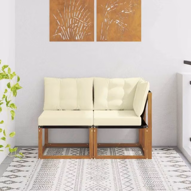 Divano da giardino modulare e angolare a 2 posti DESIGN IN in legno di acacia e tessuto beige con cuscini inclusi