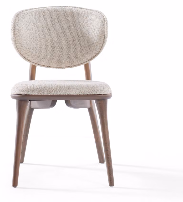 Moderna sedia da pranzo con gambe in legno e rivestimento in tessuto beige: comoda ed elegante