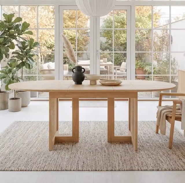 Tavolo da pranzo allungabile 120/160x80 cm; rovere; in MDF con gambe effetto rattan