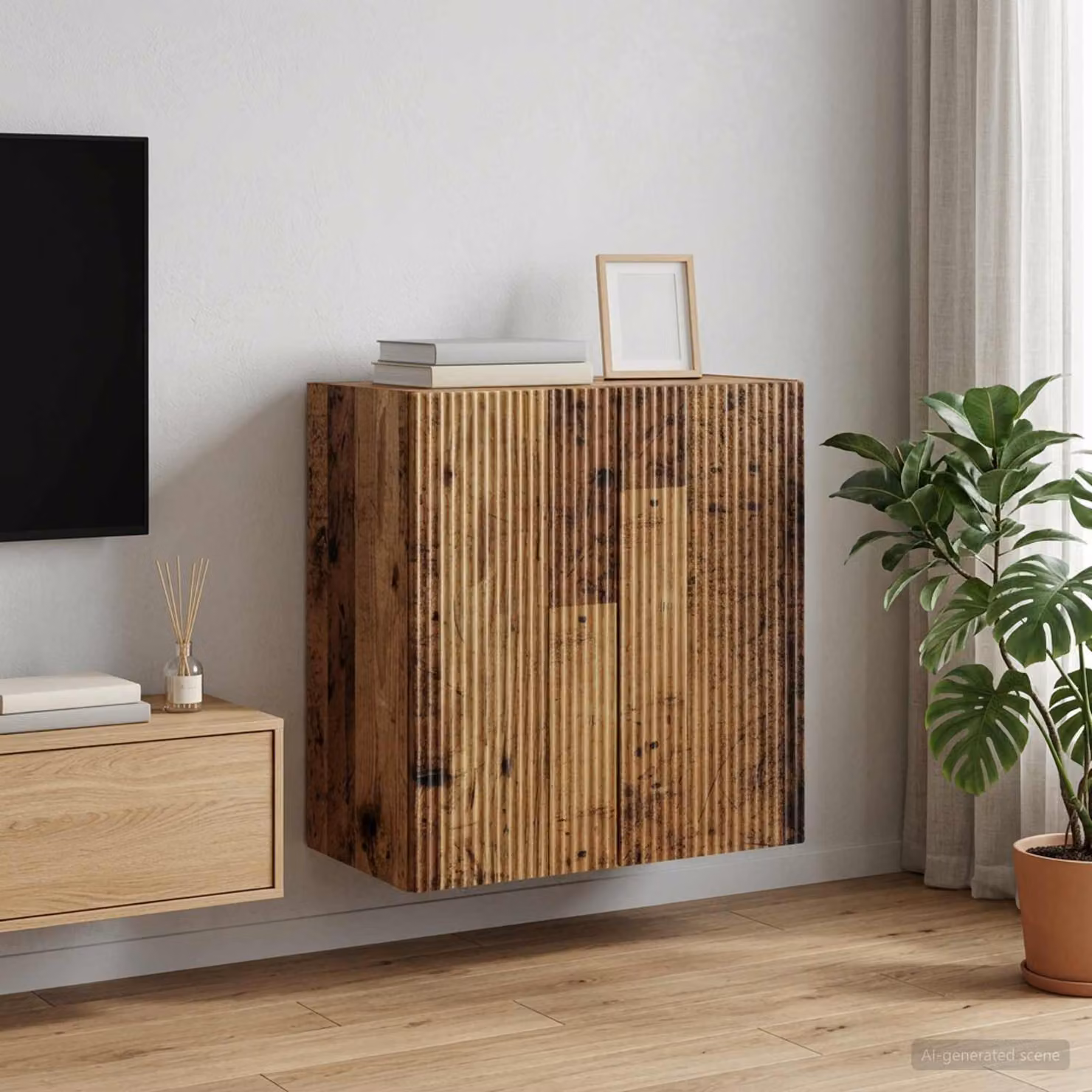 vidaXL Mobiletto a muro moderno in legno marrone con illuminazione LED e ripiani interni L: 59 cm, P: 31 cm, H: 60 cm
