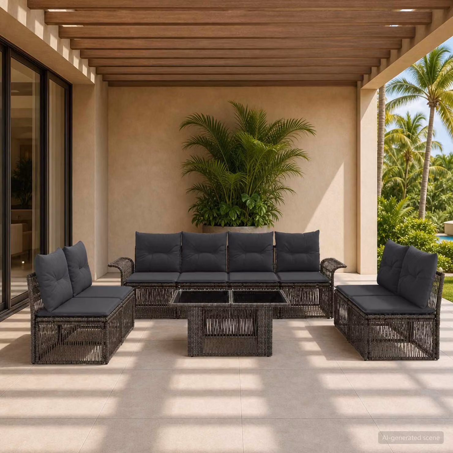 Set Divano da Giardino vidaXL 9 Pezzi in Polyrattan Grigio e Antracite con Tavolino e Cuscini Imbottiti