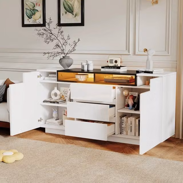 Credenza da soggiorno moderna WISHDOR con illuminazione LED integrata, finitura lucida, bianco e nero, L 140 x P 40 x H 68 cm