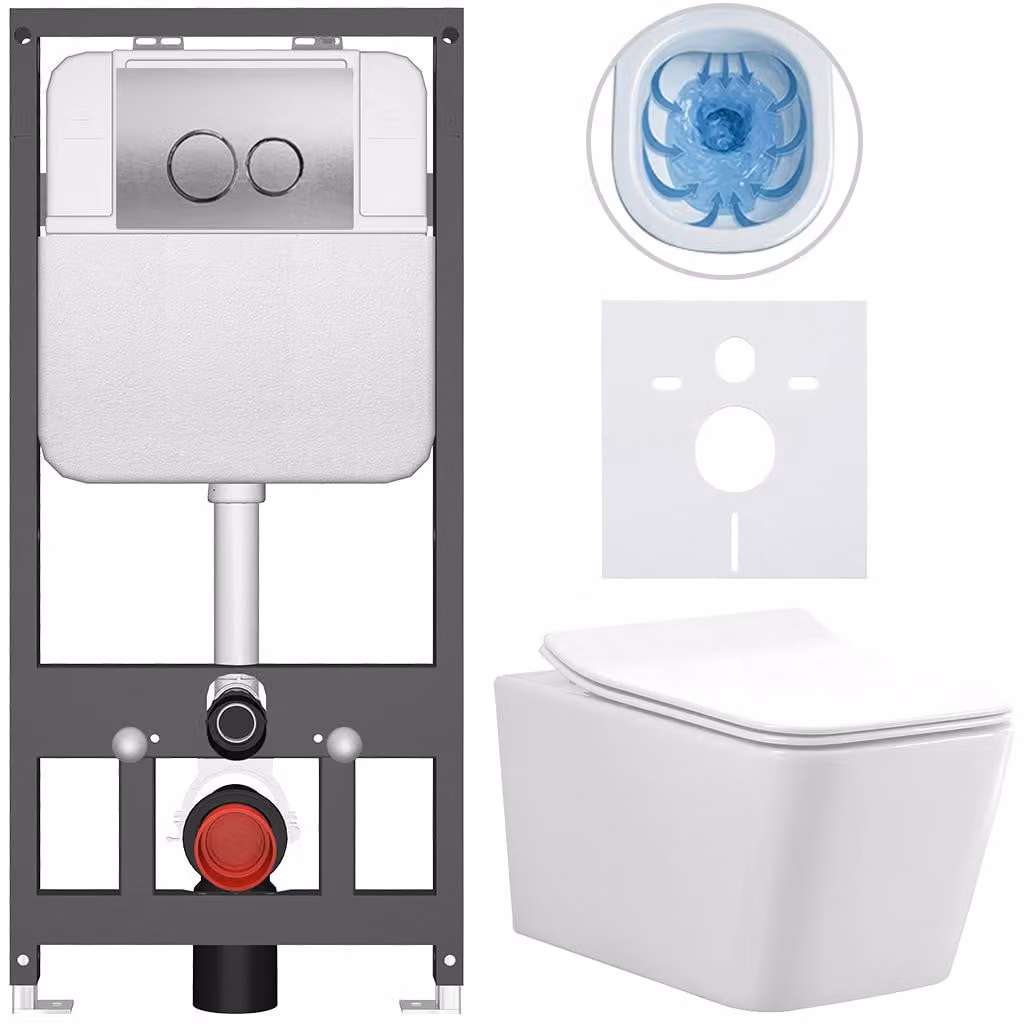 CERANO - Set WC da incasso Forte - bianco lucido - pulsante Prime/Duoalo, argento - sospeso - installazione pre-parete/cartongesso - 51x36 cm