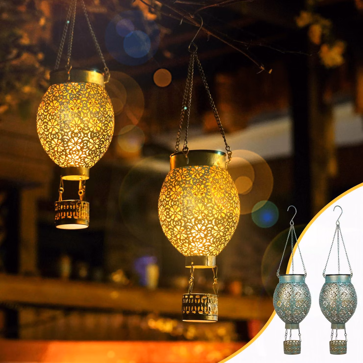 Lampade a sospensione solari, set da 2, design a forma di mongolfiera, LED, grado di protezione IP65, 15 lumen