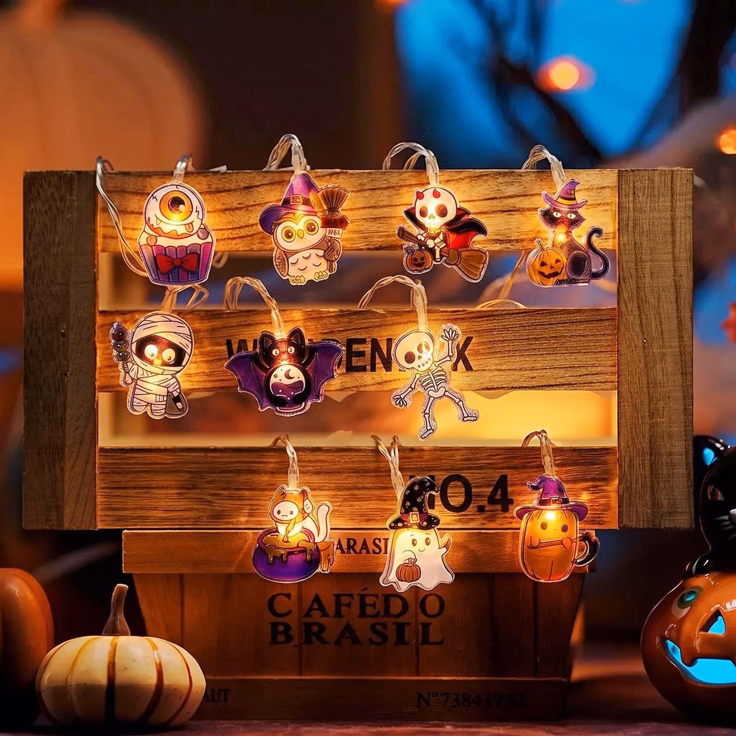 Catena luminosa a LED per Halloween, 10 LED, luce bianco caldo, lunghezza 1,5 metri, con timer