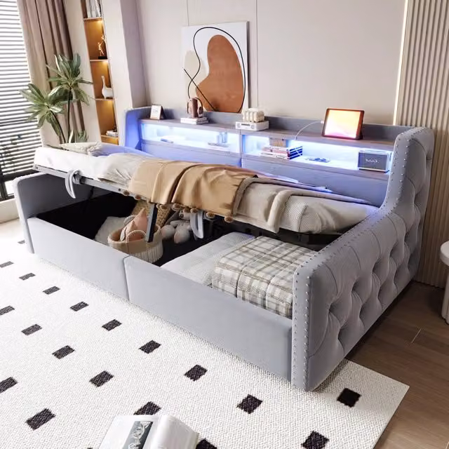 Letto imbottito divano letto 90 x 200 cm, contenitore idraulico, schienale e braccioli spessi, luce LED, vano e presa USB, rete a doghe, Grigio chiaro