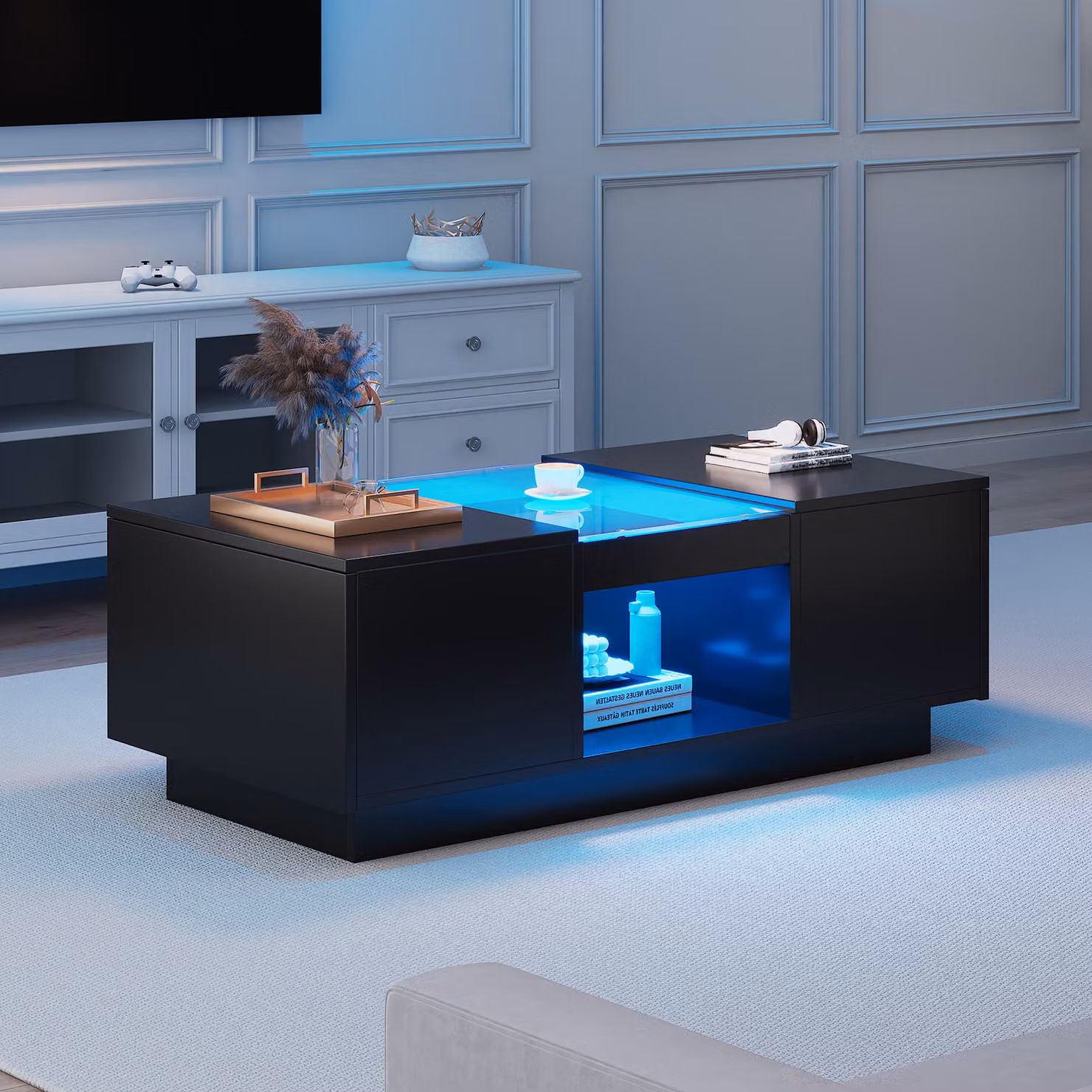 Tavolino Merax con LED e 2 cassetti, tavolino con piano in vetro, tavolino da salotto incl. APP, tavolino, tavolino 100x50x35,5 cm, nero