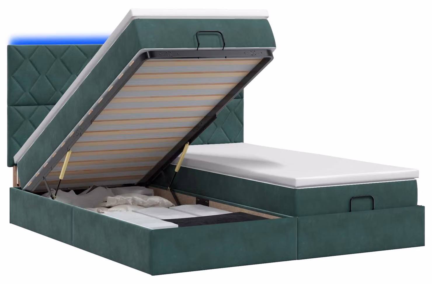 Panca-letto con materasso e illuminazione LED, verde scuro, 160 x 200 cm, rivestita in velluto