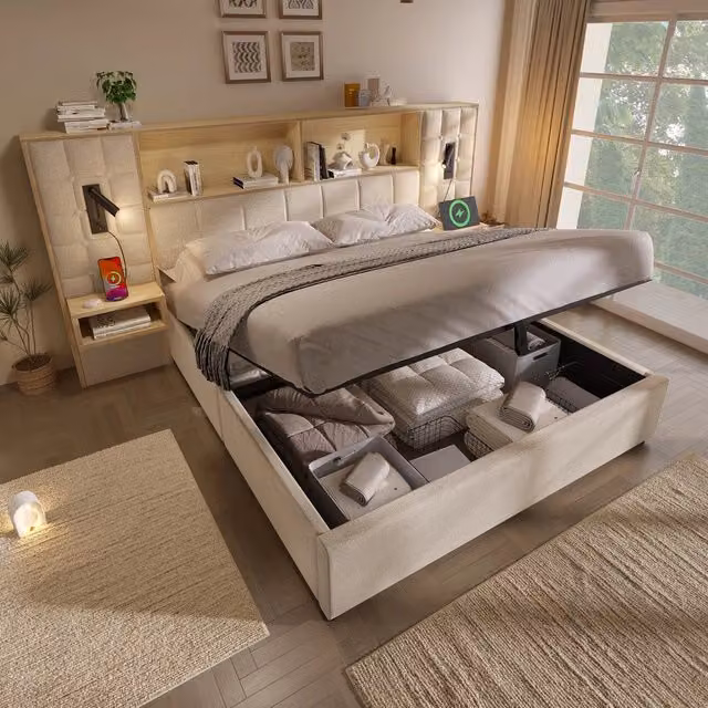 Letto imbottito contenitore con LED ¨C Minimal ¨C Beige 160x200cm, rete a doghe inclusa, tessuto lino, porte USB-C