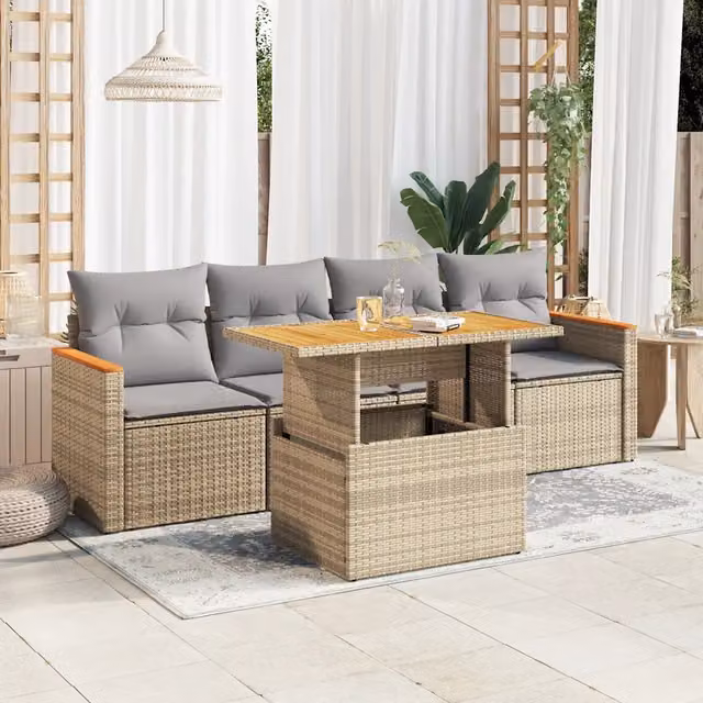 Set Divano da Giardino 5 Pezzi vidaXL in Polyrattan e Legno di Acacia con Cuscini Beige e Grigio
