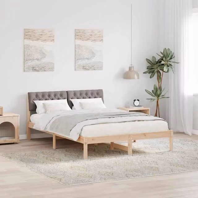 Letto moderno vidaXL in legno di pino con testiera in tessuto marrone e grigio L: 140 cm, P: 190 cm, H: 103,5 cm – 1