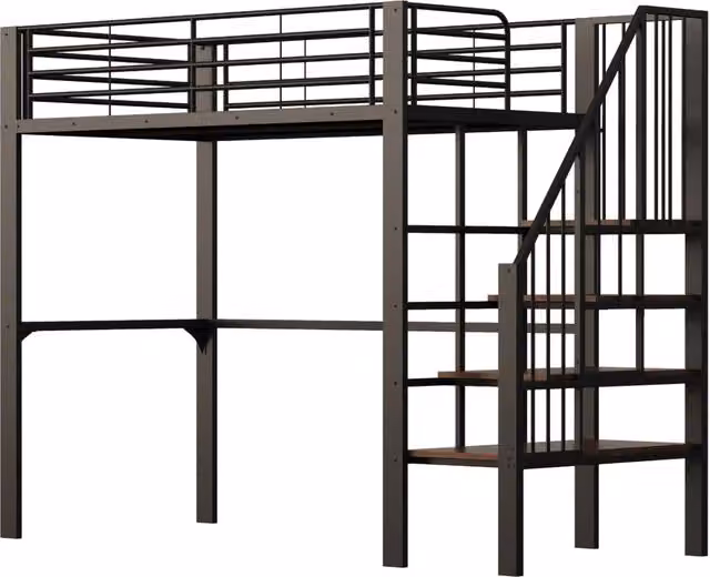Letto a soppalco 90x200 cm in metallo con ampia zona contenitiva e scala integrata, ideale per bambini e adulti