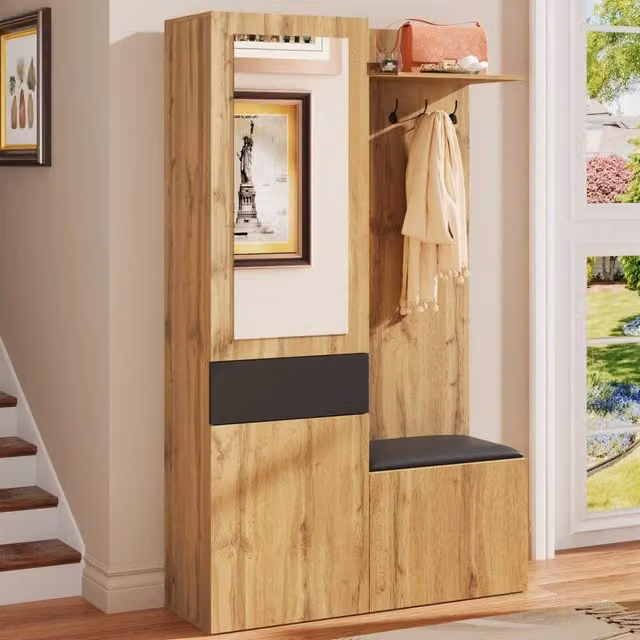 Set ingresso con 5 ganci; specchio; portascarpe e seduta in MDF; nero e legno naturale; 98;5 × 38 × 191 cm