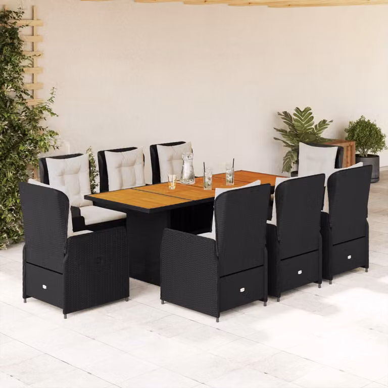 Set da Pranzo da Giardino vidaXL in Polyrattan Nero con Cuscini e Piano in Legno di Acacia, 9 Pezzi