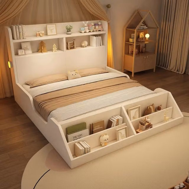 Letto matrimoniale 140 × 200 cm con mensole, 2 luci notturne e libreria removibile, senza materasso, bianco