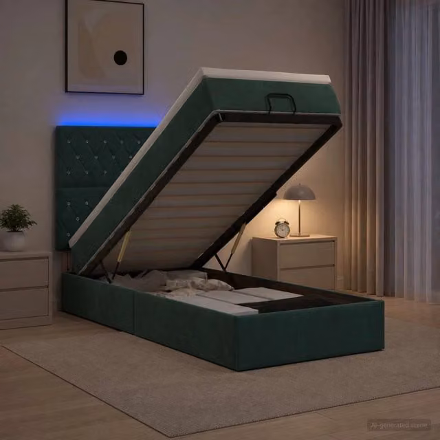 Letto Ottomano con Materasso Ibrido vidaXL in Velluto Verde e Bianco con Illuminazione LED Sotto il Letto L/P/H: 90 x 200 x 44 cm – 1