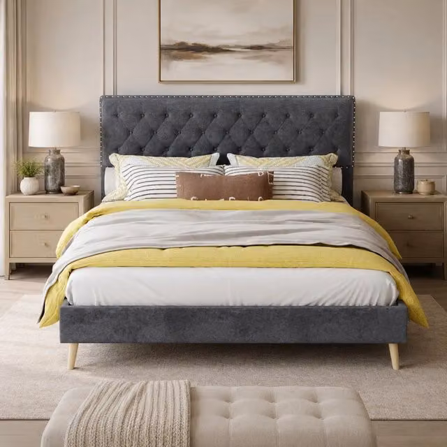 Letto matrimoniale 140x200 cm in tessuto grigio con testiera alta e struttura in metallo