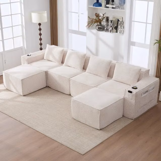Divano modulare 330x162 cm in velluto a coste beige con portabevande HOMVRA