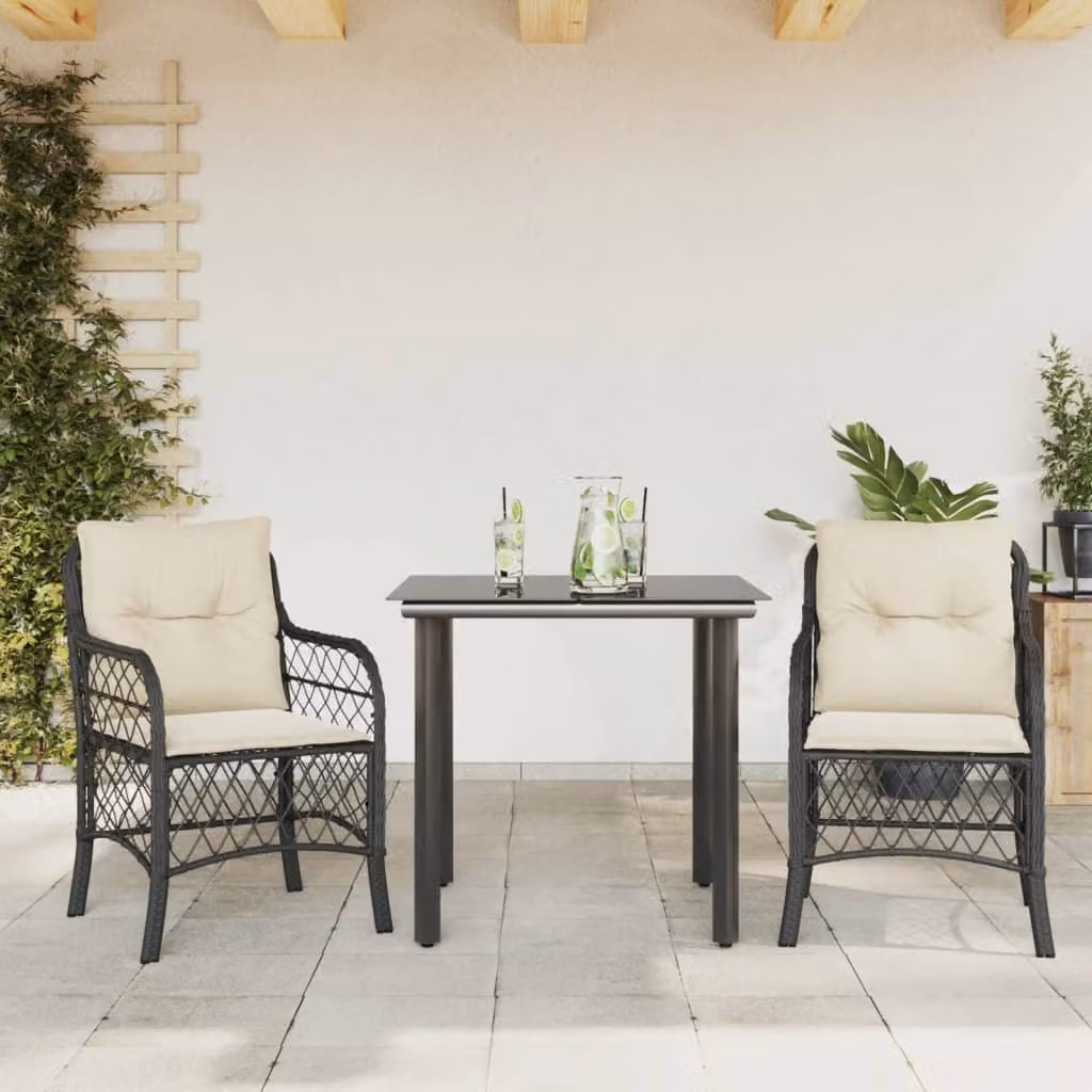 Set da Bistrò vidaXL 3 pz in Polyrattan Nero con Cuscini e Piano in Vetro – 1