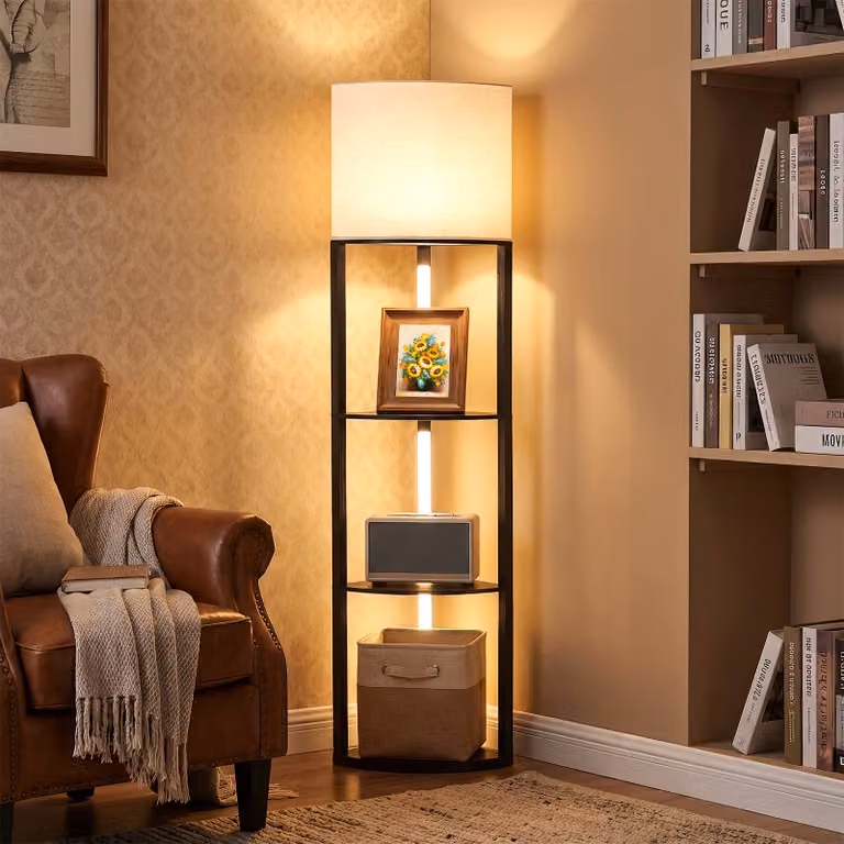 Costway Lampada da terra angolare moderna con 3 mensole e luci LED dimmerabili in metallo, colore nero e bianco per soggiorno