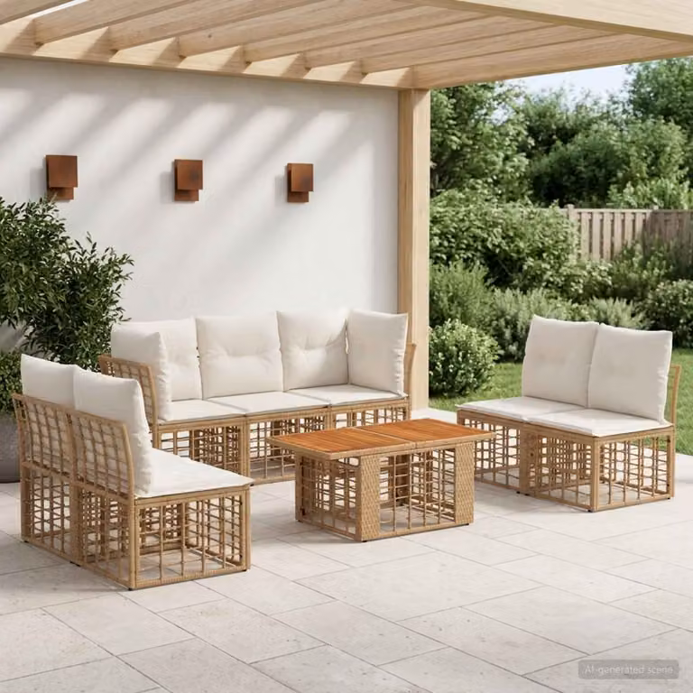 Set Divano da Giardino vidaXL 8 pz in Polyrattan con Cuscini e Tavolino, Colore Naturale e Bianco Crema