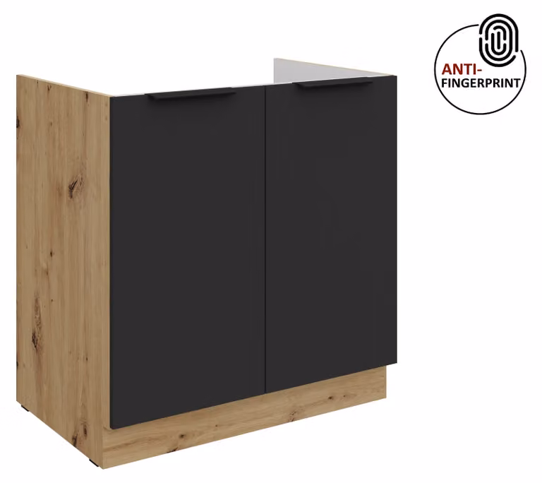 Mobile sottolavello da 80 cm per cucina ARIA, nero ultra opaco + rovere Artisan opaco, frontali di alta qualità con rivestimento anti-impronta, cucina a incasso, blocco cucina