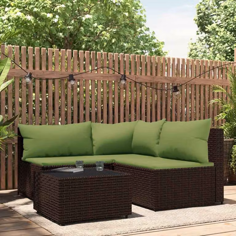 vidaXL Set Mobili da Giardino Moderno a Forma di L in Polyrattan Marrone e Verde con Cuscini e Tavolino