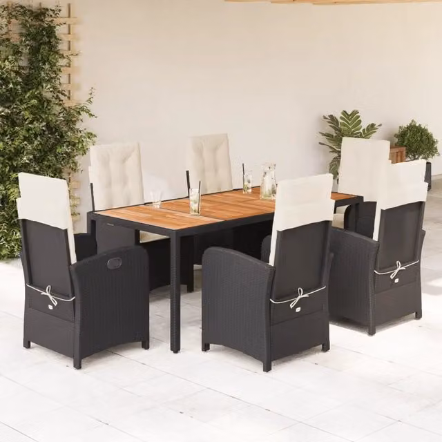 Set da Pranzo da Giardino 7 pz Nero con Cuscini in Polyrattan 3212227
