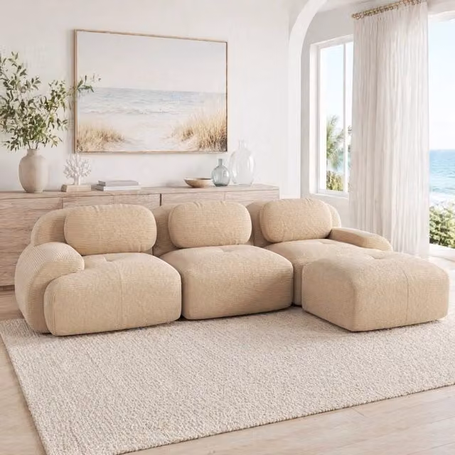 Divano angolare modulare beige in velluto a coste; senza telaio e montaggio; imbottitura 32D HOMVRA