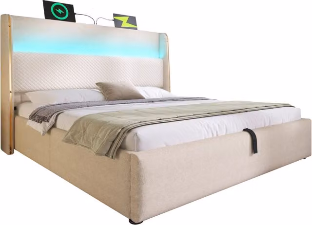Letto contenitore matrimoniale Chicfurn beige con testiera alta, illuminazione LED e porte USB e Type-C, materasso incluso, L/P: 140 x 200 cm – 1