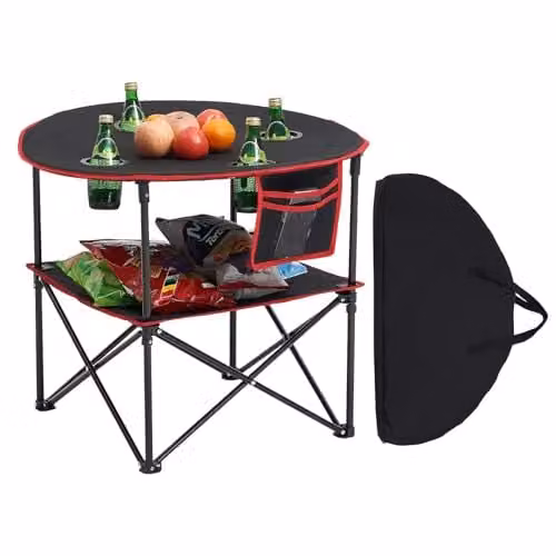 VEVOR Tavolo da Campeggio Pieghevole in Tessuto Oxford 600D Impermeabile, Tavolo da Picnic Portatile e Leggero per Esterni con 4 Portabicchieri e Borsa per Trasporto, per Picnic in Campeggio, Nero