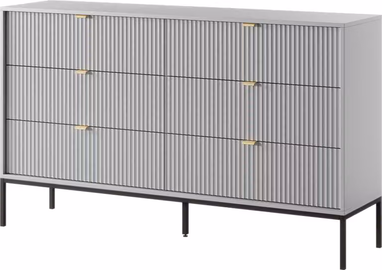 Cassettiera: 6 cassetti, grigio, gambe nere, 154 x 39 x 83 cm