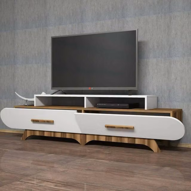 Mobile porta TV Massima DMORA, Credenza da soggiorno moderna in legno, L: 205 cm, H: 36,8 cm, P: 50 cm, Noce e Bianco