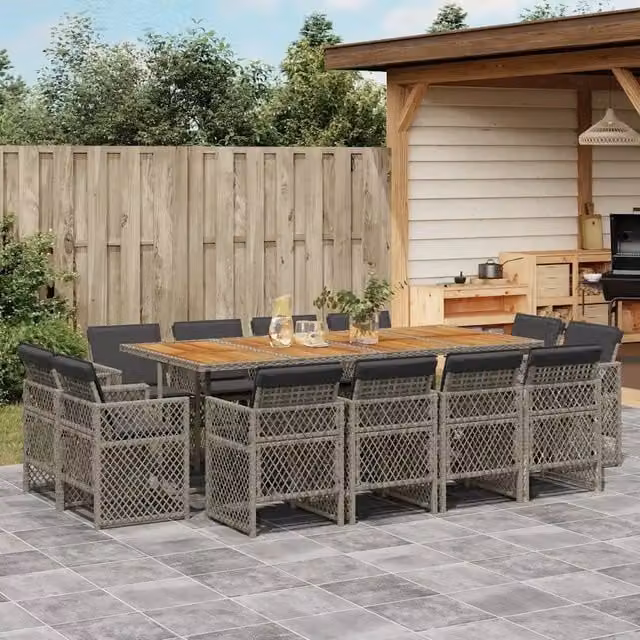 Set da Pranzo da Giardino 13pz con Cuscini Grigio in Polyrattan 3210866