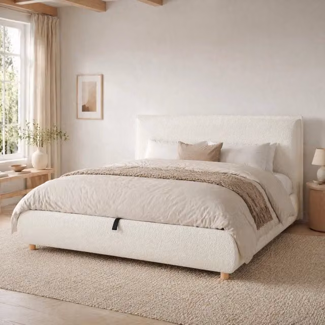 Letto imbottito con contenitore idraulico 180 x 200 cm; bouclé bianco