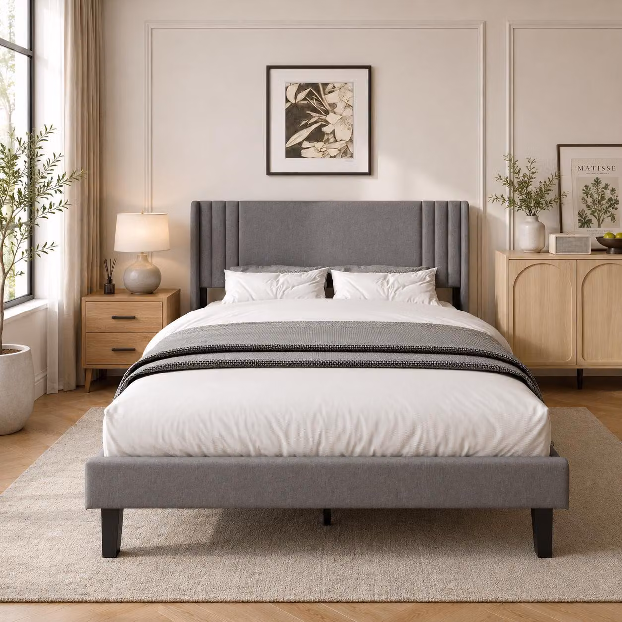 Letto imbottito INONEFT, 140x200 cm, matrimoniale con spazio contenitore sotto il letto, struttura letto per ragazzi con testiera e rete a doghe, senza materasso, colore grigio lino