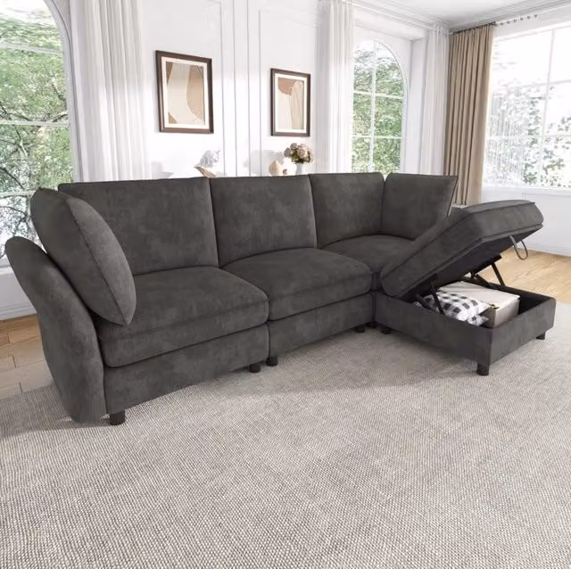 Divano modulare a L in ciniglia grigio con pouf contenitore; 225 x 137 x 84 cm