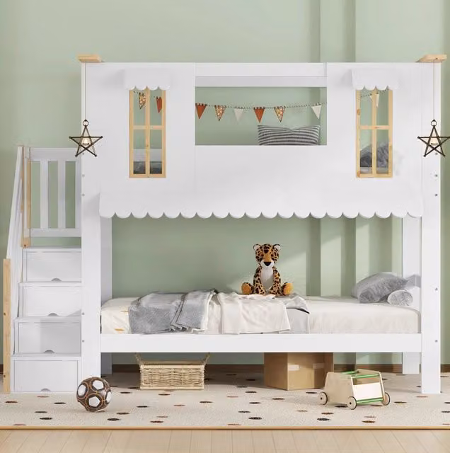 Letto a castello per bambini 90x200 cm con scala contenitore; bianco e naturale