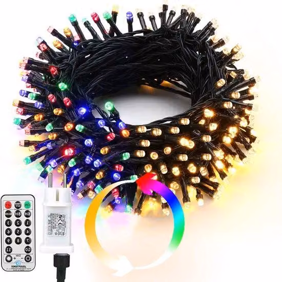 Catena luminosa natalizia per esterni - 25 metri - 200 LED - luce calda e colorata - dimmerabile - 11 modalità - 3 timer - alimentatore impermeabile con telecomando - ideale per alberi di Natale, interni, matrimoni, feste.