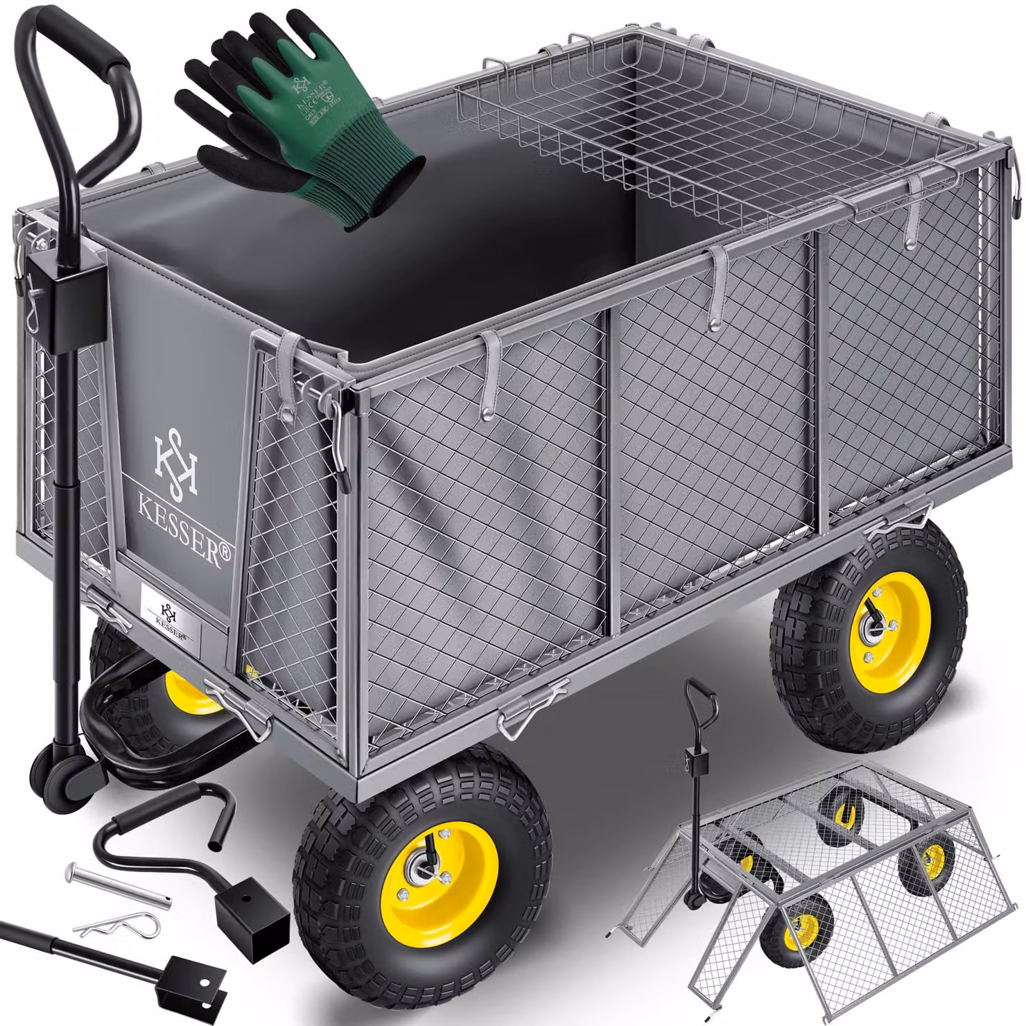 Carrello da giardino KESSER® con portata di 550 kg, carrello da trasporto, carrello da giardino con telone rimovibile, carrello porta-attrezzi, carrello a mano, versatile, guanti inclusi