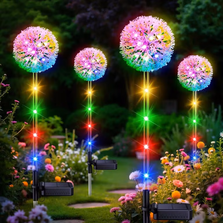 Set di 4 lampade LED solari a forma di tarassaco, grado di protezione IP65, impermeabili, per uso esterno