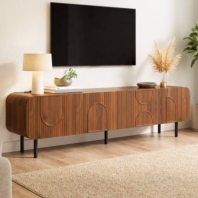 Mobile TV 180x40x47.5 cm con 3 ante e 2 cassetti; passacavi in MDF e pannello truciolare noce