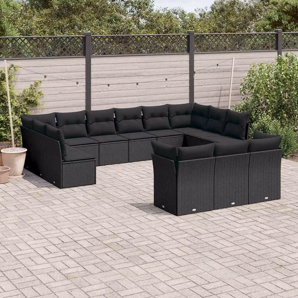 Set di divani da giardino vidaXL in polyrattan nero con cuscini, design moderno a forma di U per esterno e terrazza – 1